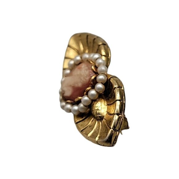Faux Cameo Brooch Gold Tone Bow Faux Pearls Small Pink & White Lady Pin Vintage - Picture 5 of 8